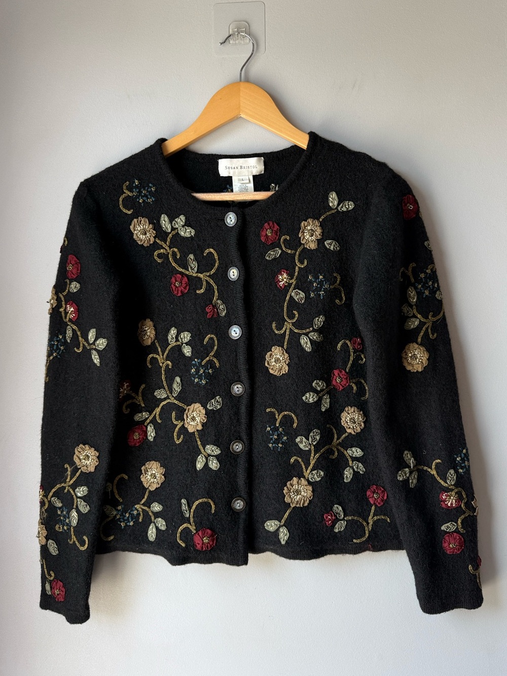 Vintage Susan Bristol Wool Black Floral Embroidered Cardigan Sweater